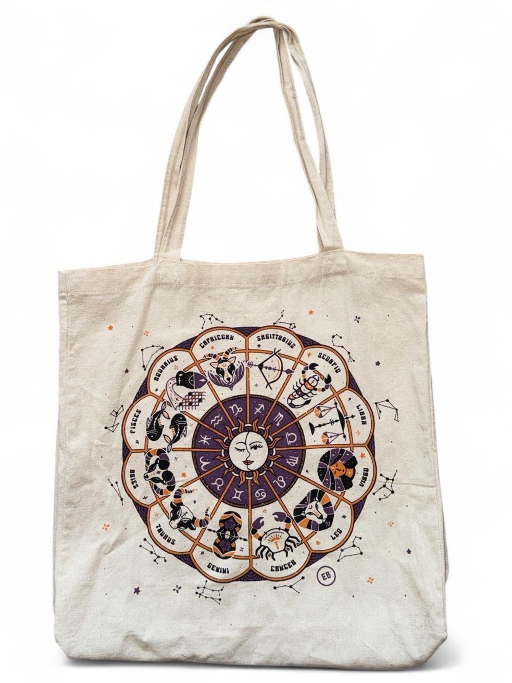 Earthbound Trading Co. Astrology Canvas Tote Bag - Natural with Purple & Gold